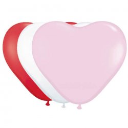 Hjärtformade ballonger i rött, vitt och rosa