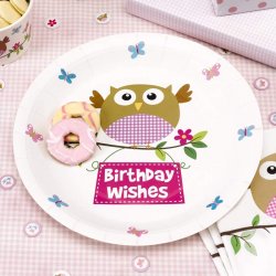 Papperstallrikar Little Owl Birthday Wishes Rosa
