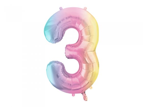 Foil Balloon Number ''3'', 86cm, pastel rainbow