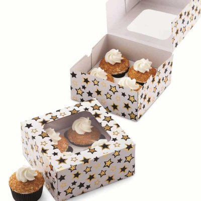 Muffinskartonger vita med stjärnor i svart och guld 3-pack